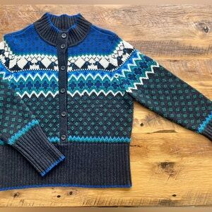 Liz Claiborne Vintage Fair Isle Cardigan Sweater Blue Nordic Wool Blend Size L